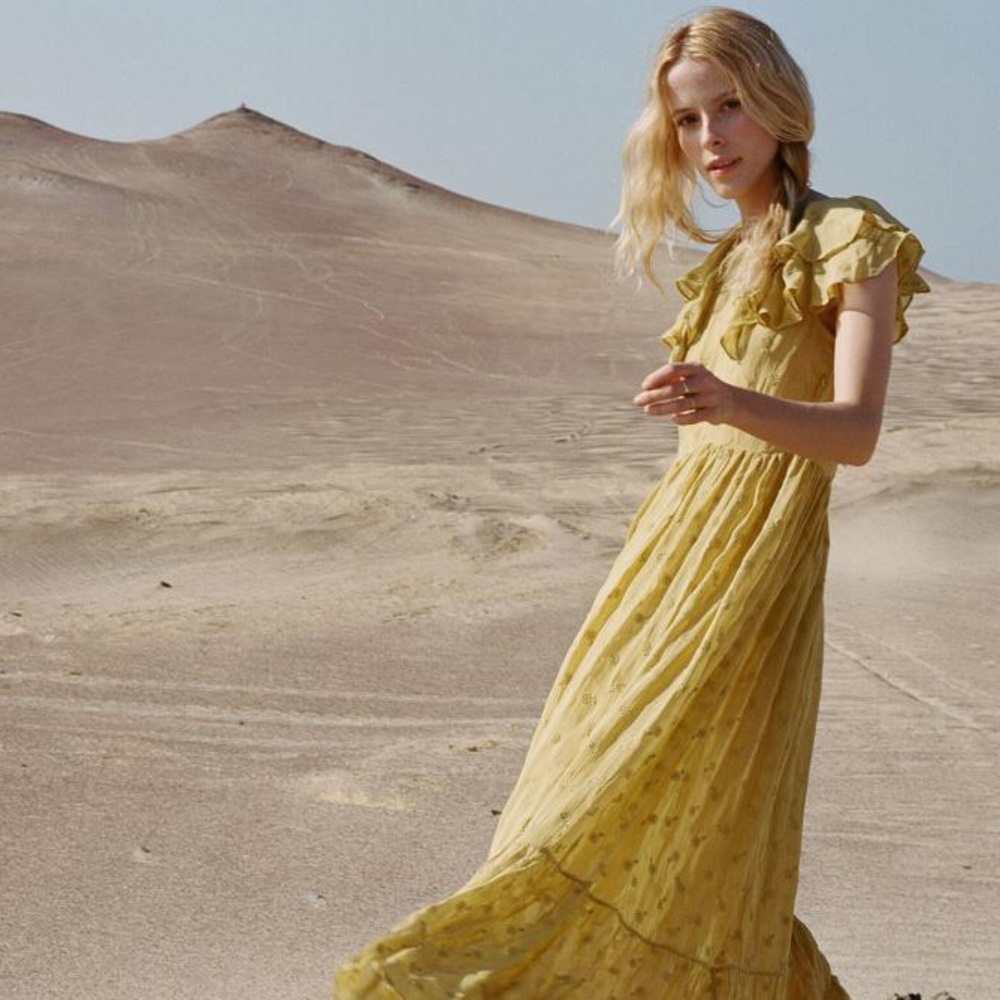 Doen Yellow Maxi Dress with Ruffle Shoulders